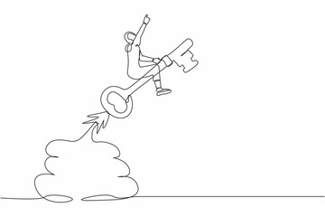 Single one line drawing Arab businesswoman riding key rocket flying in the sky. Leadership or motivation to find opportunity. Discover success keyhole. Continuous line draw design vector illustration