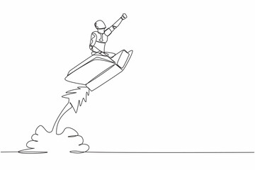 Single one line drawing robot riding book rocket flying in the sky. Increase tech ability learning. Modern robotic artificial intelligence technology. Continuous line draw design vector illustration