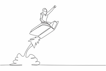 Single continuous line drawing Arab businesswoman riding open book rocket flying in sky. Launch new library at school. Increase interest reading in smart student. One line design vector illustration