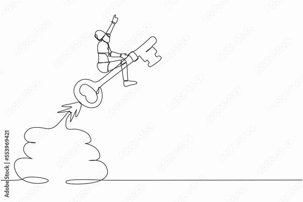 Poster continuous one line drawing robot riding key rocket flying in the sky. discover key success. humanoi