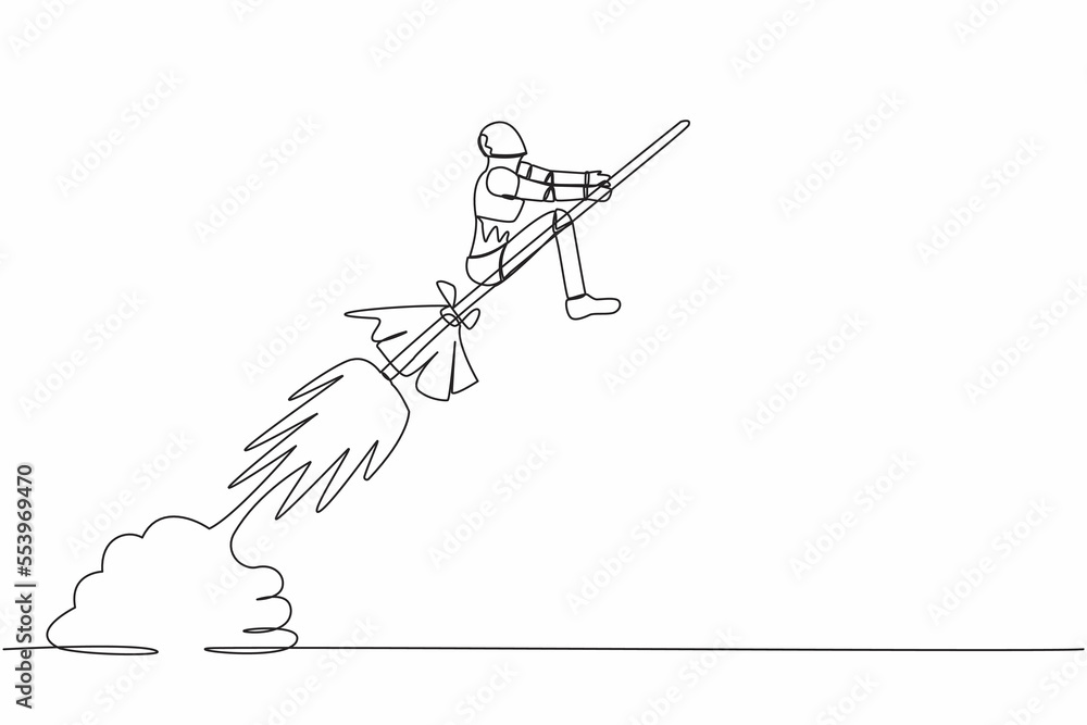 Poster continuous one line drawing robot riding broom rocket flying in the sky. tech company launch. humano