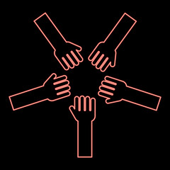 Neon five hands Group arms Many hands connecting Open palms People putting their hands together Stack hands concept unity red color vector illustration image flat style