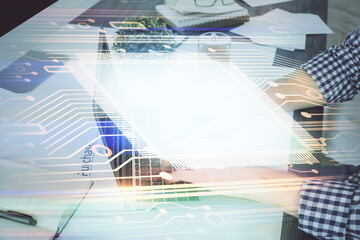 Multi exposure of tech drawings with man working on computer background. Concept of innovation.