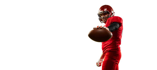 Flyer with professional american football player in sports uniform and protective helmet isolated...