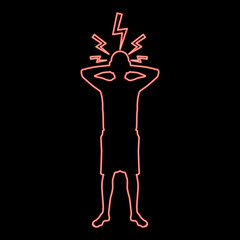 Neon man holding hand near head with lightning thunderbolt Concept trouble problem people silhouette red color vector illustration image flat style