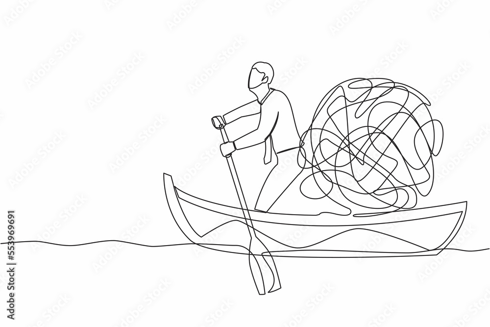 Poster single continuous line drawing businessman standing in boat and sailing with messy line. escape from