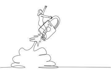 Single one line drawing Arab businesswoman riding padlock rocket flying in the sky. Increasing startup business protection. Guarding cash flow of money. Continuous line draw design vector illustration