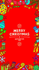 Merry Christmas and Happy New Year 2023. Congratulatory vertical banner on a red background, a frame of winter elements: hats, mittens, Christmas decorations, sweets