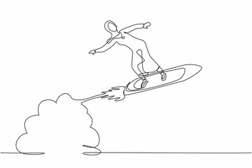 Single continuous line drawing Arabian businesswoman riding surfing board rocket flying in the sky. Wealthy entrepreneur. Launching dollar cash money waves project. One line design vector illustration