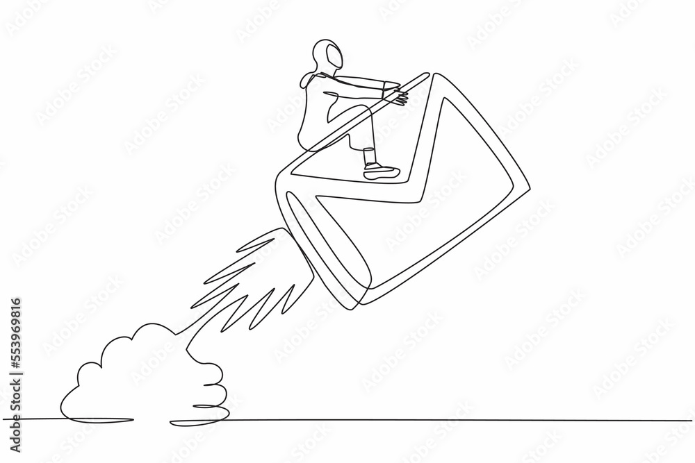 Aufkleber single continuous line drawing arabian businesswoman riding paper envelope rocket flying in sky. con