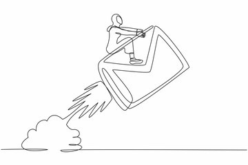 Single continuous line drawing Arabian businesswoman riding paper envelope rocket flying in sky. Concept of social media, digital message development program. One line draw design vector illustration