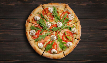 Pizza with salmon, tomatoes, cheese and spices