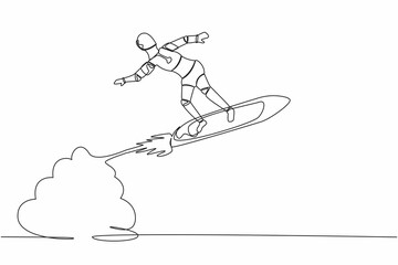 Single continuous line drawing robot riding surfing board rocket flying in the sky. Future technology development. Artificial intelligence machine learning. One line graphic design vector illustration