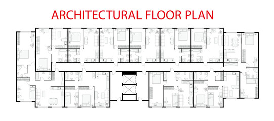 Floor plan. Architectural apartment project. One, two bedroom apartment. Interior design elements kitchen, bedroom, bathroom with symbols furniture. Vector architecture 2d floor plan.