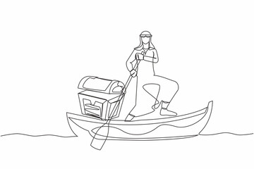 Single one line drawing Arab businessman sailing away on boat with treasure chest. Money laundering, political corruption. Criminal stole golden coins. Continuous line draw design vector illustration