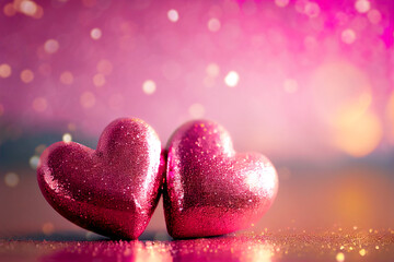 Obraz premium Valentines Day card with two pink hearts on shiny glitter background