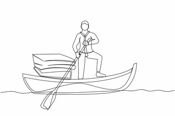Single one line drawing businessman standing in boat and sailing with pile of papers. Manager escape from stack of documents, paperwork, overworked. Continuous line graphic design vector illustration