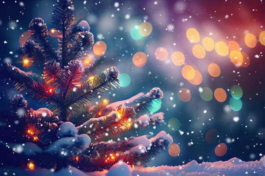 Winter background with a Cristmas decorated tree in snow and bokeh