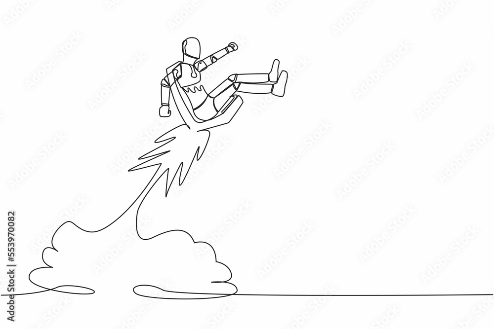 Poster single one line drawing robot riding office chair rocket flying in the sky. boost career tech develo