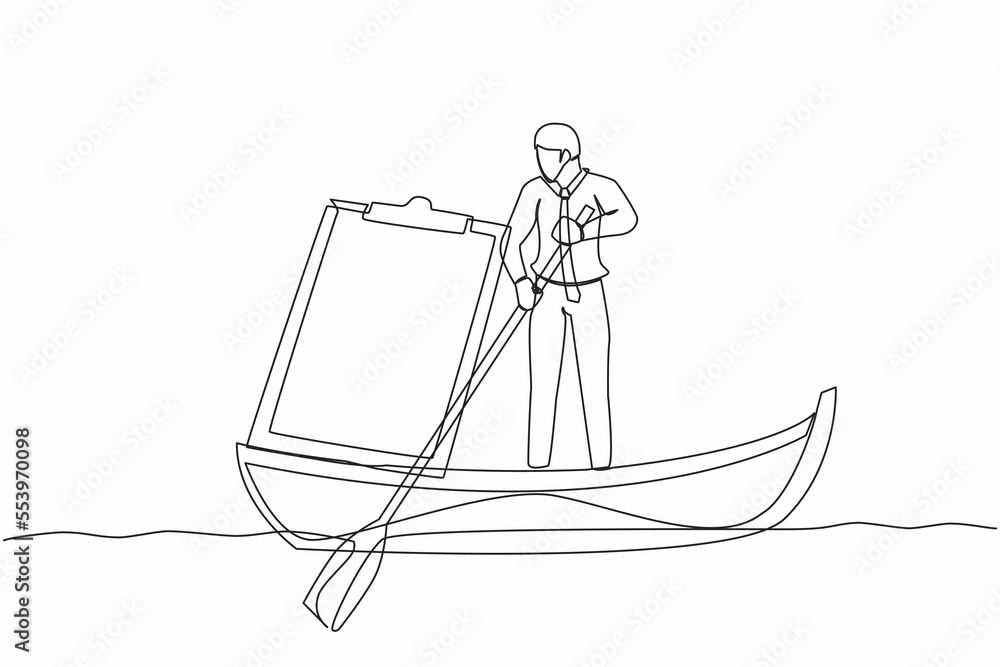 Poster single continuous line drawing businessman standing in boat, sailing with clipboard. office worker e