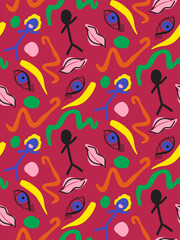 Abstract Hand Drawing Faces Eyes Lips Chalk Man Geometric Shapes Brush Strokes Seamless Vector Pattern with Isolated Background