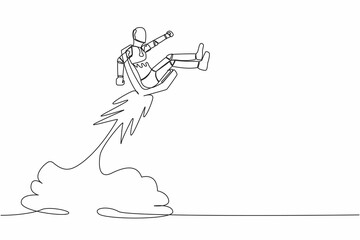 Single one line drawing robot riding office chair rocket flying in the sky. Boost career tech development. Robotic artificial intelligence technology. Continuous line draw design vector illustration