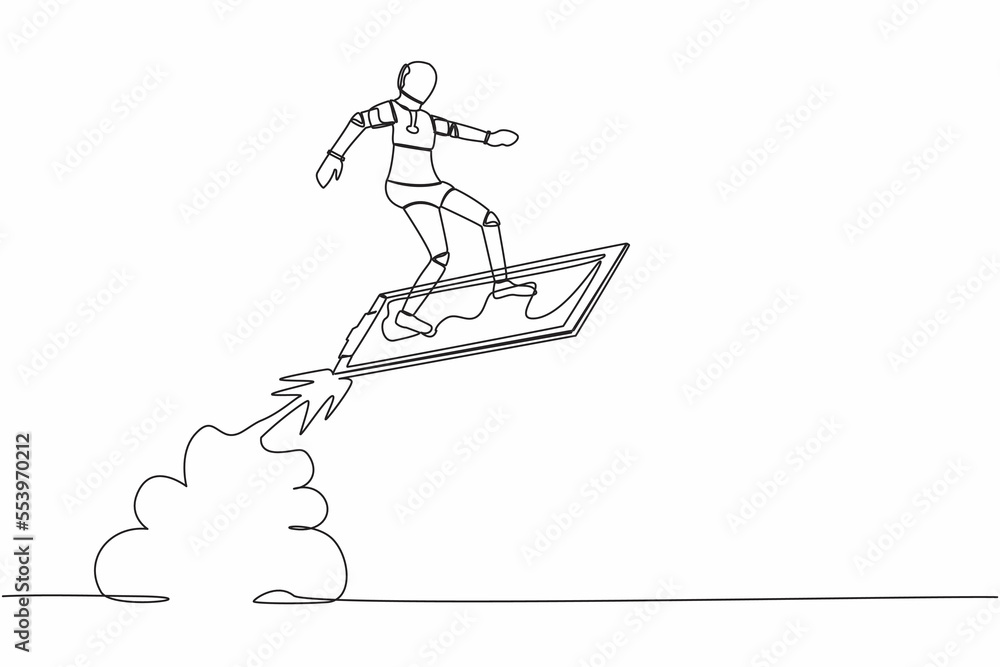 Poster single continuous line drawing robot riding clipboard rocket flying in sky. analyze data of tech bus