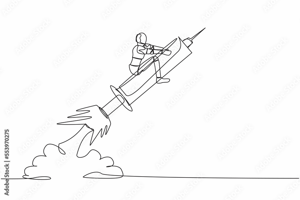 Poster continuous one line drawing robot riding syringe rocket flying in the sky. boosting health with tech