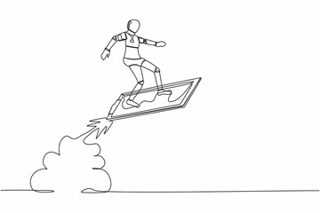 Single continuous line drawing robot riding clipboard rocket flying in sky. Analyze data of tech business. Future technology development. Artificial intelligence. One line design vector illustration