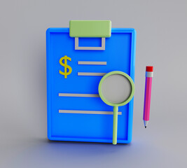 3d illustration rendering minimal clipboard with magnifier and pencil on white background.