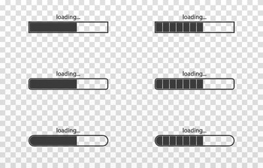 Vector set of loading icons on isolated transparent background. Page loading, data loading png. Loading icon in different styles.