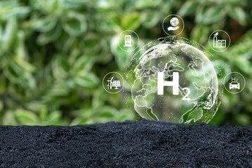 Concept for clean hydrogen energy. The environment friendly industry, and alternative energy. Future climate-friendly energy solutions for achieving net zero greenhouse gas emissions. - obrazy, fototapety, plakaty