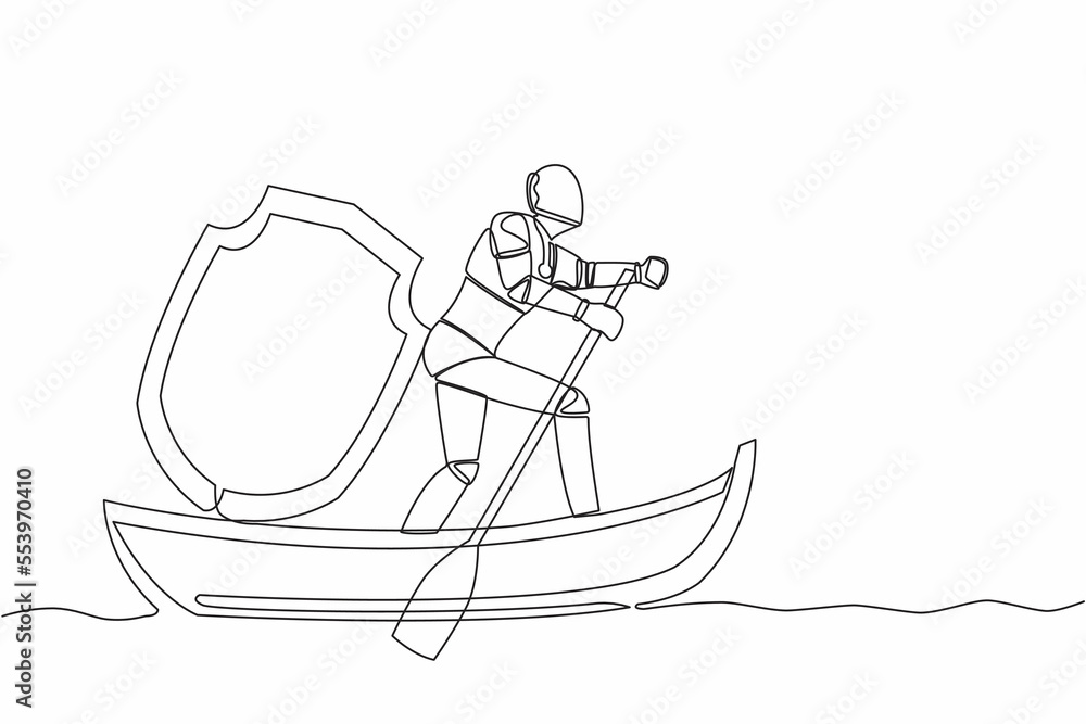 Aufkleber continuous one line drawing of robot sailing away on boat with shield. security and insurance in tec