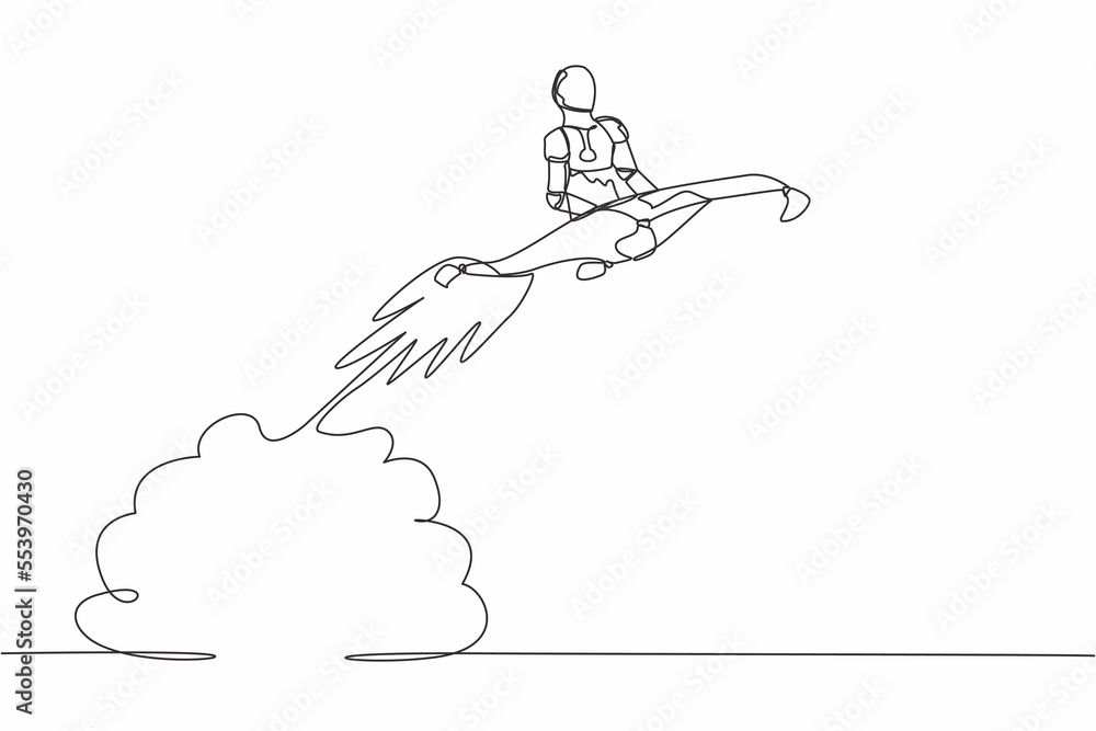 Poster single one line drawing robot riding magic carpet rocket flying in the sky. tech business accelerati