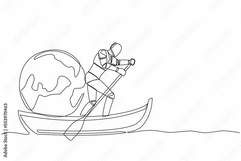 Poster one continuous line drawing artificial robot standing in boat and sailing with earth globe. taking t