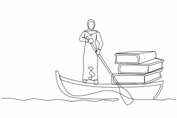 Single continuous line drawing Arab businesswoman standing in boat and sailing with books stack. Success manager with extensive knowledge. Study and growth. One line graphic design vector illustration