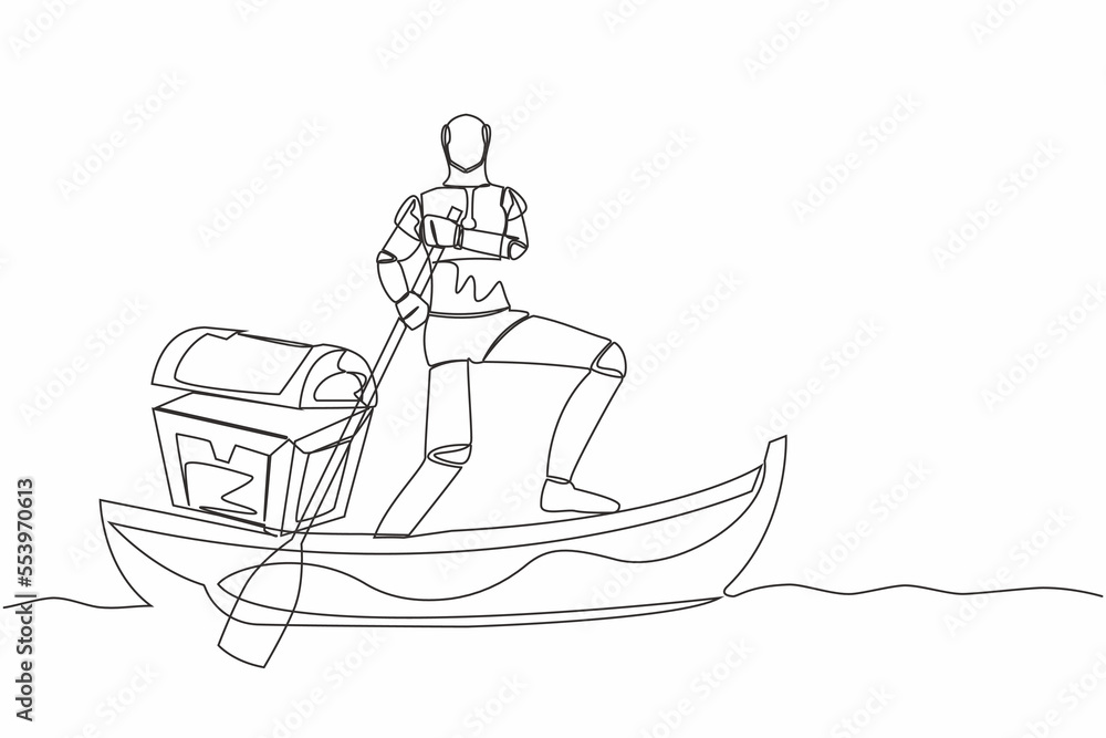 Poster single continuous line drawing robot sailing away on boat with treasure chest. money laundering in t