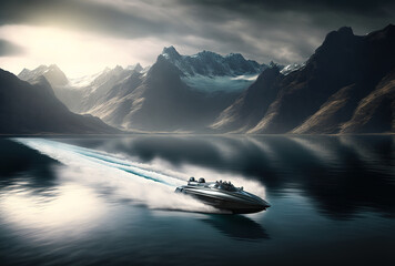 A speedboat is seen in a wide picture on a body of water in the midst of mountains. Generative AI