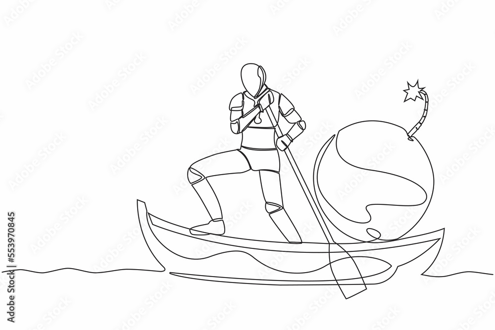 Poster continuous one line drawing of robot sailing away on boat with bomb. closed factory due to exploding
