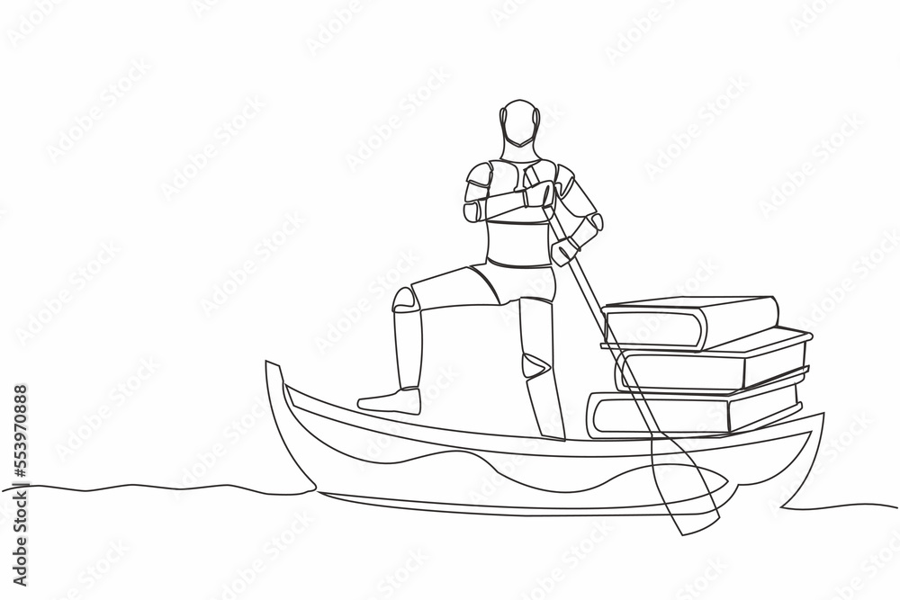 Aufkleber single one line drawing robot sailing away on boat with pile of books. education in tech company. ro