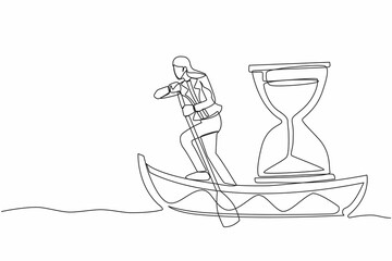 Single continuous line drawing businesswoman standing in boat and sailing with hourglass. Escape from job deadline. Motivation to fast moving. Running out of time. One line design vector illustration