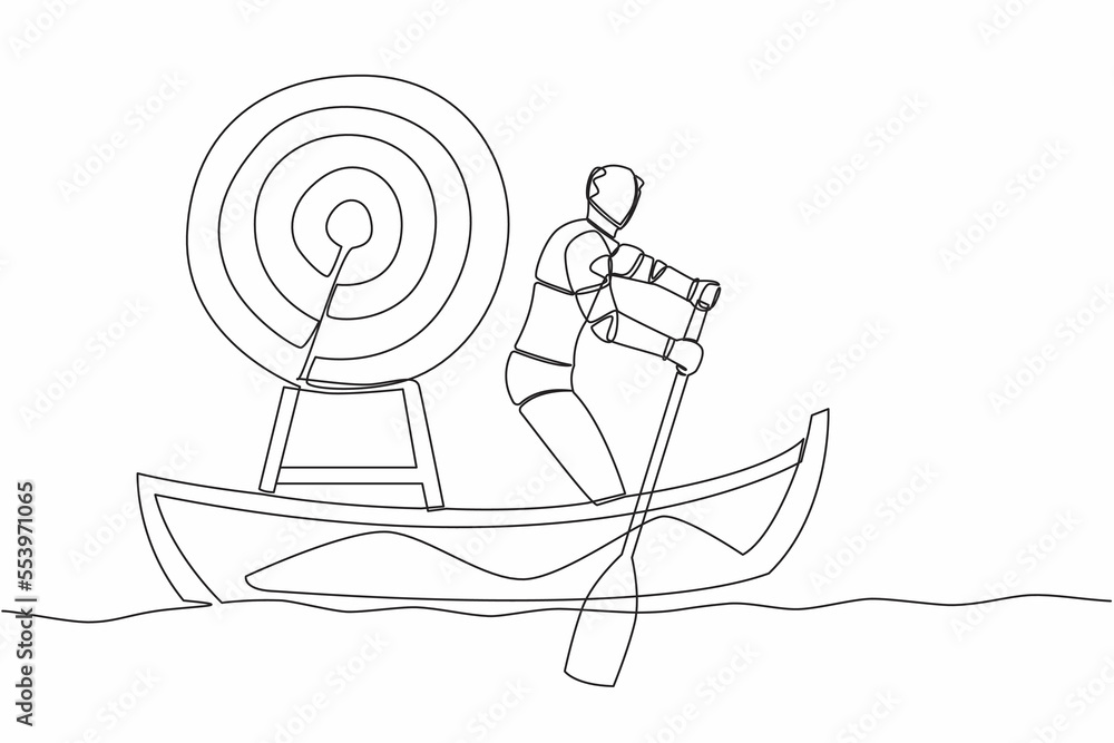 Poster single one line drawing standing smart robot in boat and sailing with arrow target board on sea. har