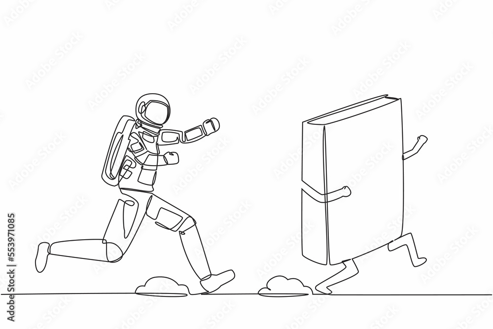 Poster single continuous line drawing of young astronaut run chasing textbook for learning in moon surface.