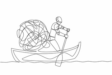 Continuous one line drawing robot sailing away on boat with messy line. Chaotic, anxiety minded in tech company. Humanoid robot cybernetic organism. Single line draw design vector graphic illustration