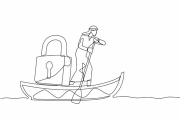 Single continuous line drawing Arabian businessman sailing away on boat with padlock. Security and shipping protection. Delivery business through the ocean. One line graphic design vector illustration