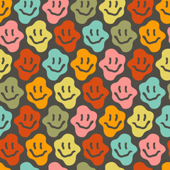 Happy Smile Distorted Retro Groovy Face Vector Seamless Pattern