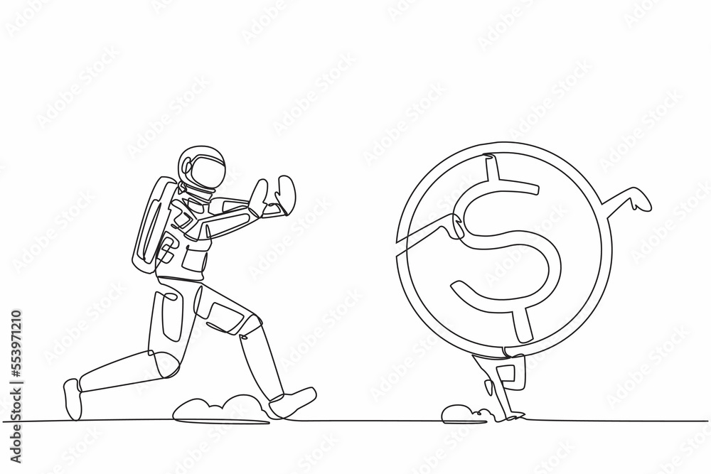 Poster single continuous line drawing young astronaut chase dollar coin in moon surface. exploration of spa