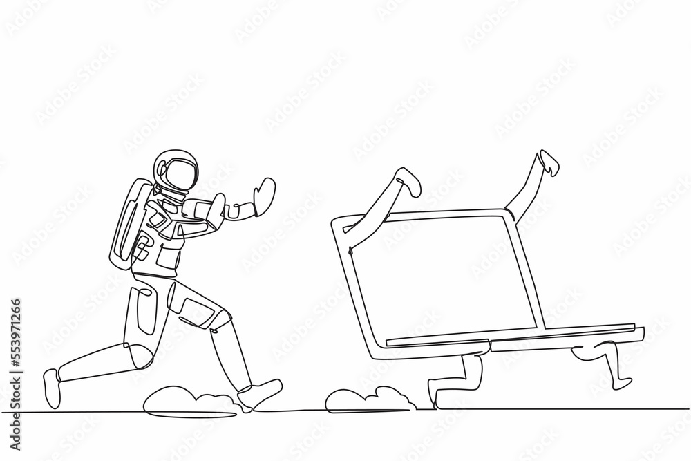 Poster single one line drawing of young astronaut chasing laptop computer in moon surface. spaceship techno