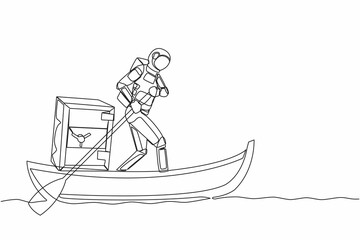 Single continuous line drawing astronaut sailing away on boat with safe deposit box. Bank deposit protection for space mission. Cosmonaut deep space. One line draw graphic design vector illustration
