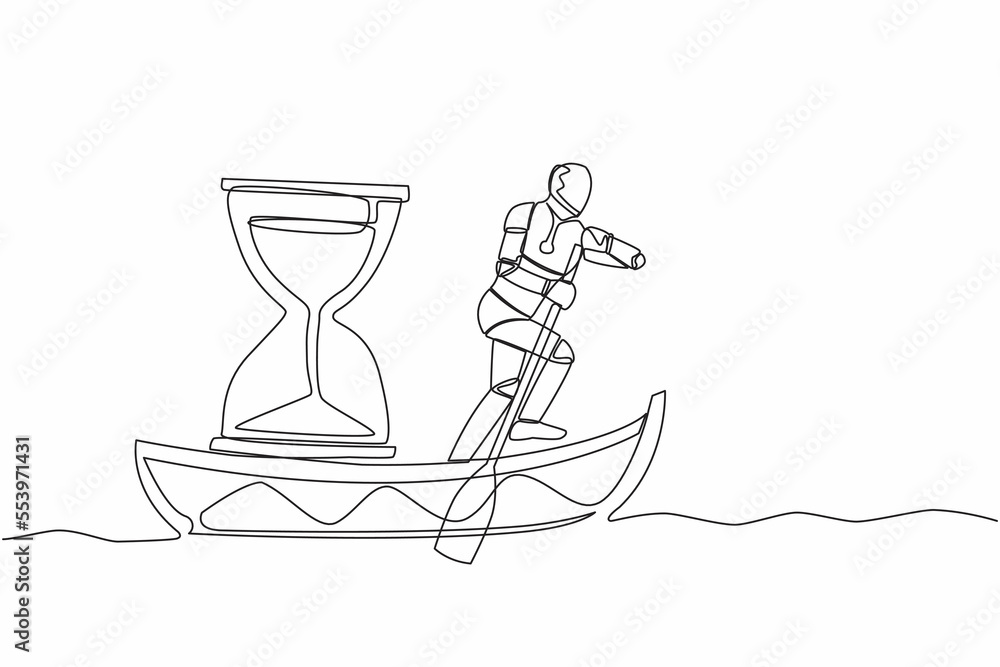 Poster single continuous line drawing robot sailing away on boat with hourglass. business deadline in facto